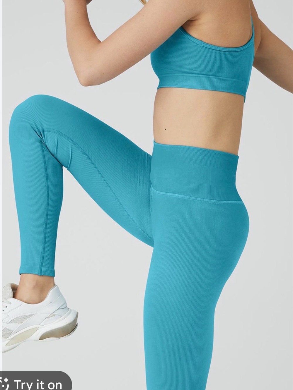 High-Rise Ribbed Leggings in Teal Blue